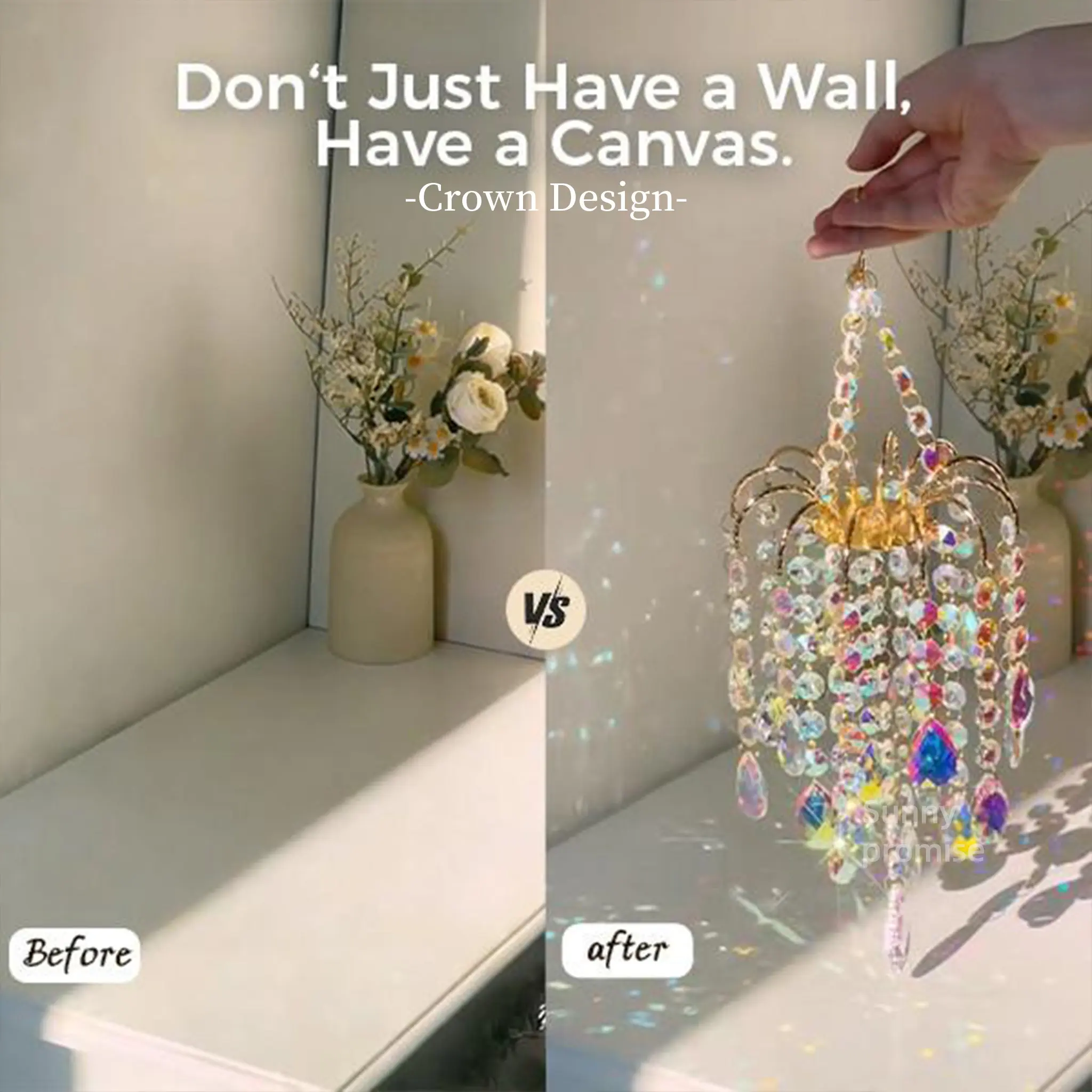 Golden Crown Crystal Sun Catcher Rainbow Maker 42cm Large Hanging Crystal Wind Chime, Iridescent Prism Window Hanging Decor, Garden & French Door Ornament, Unique Bereavement Memorial Gift