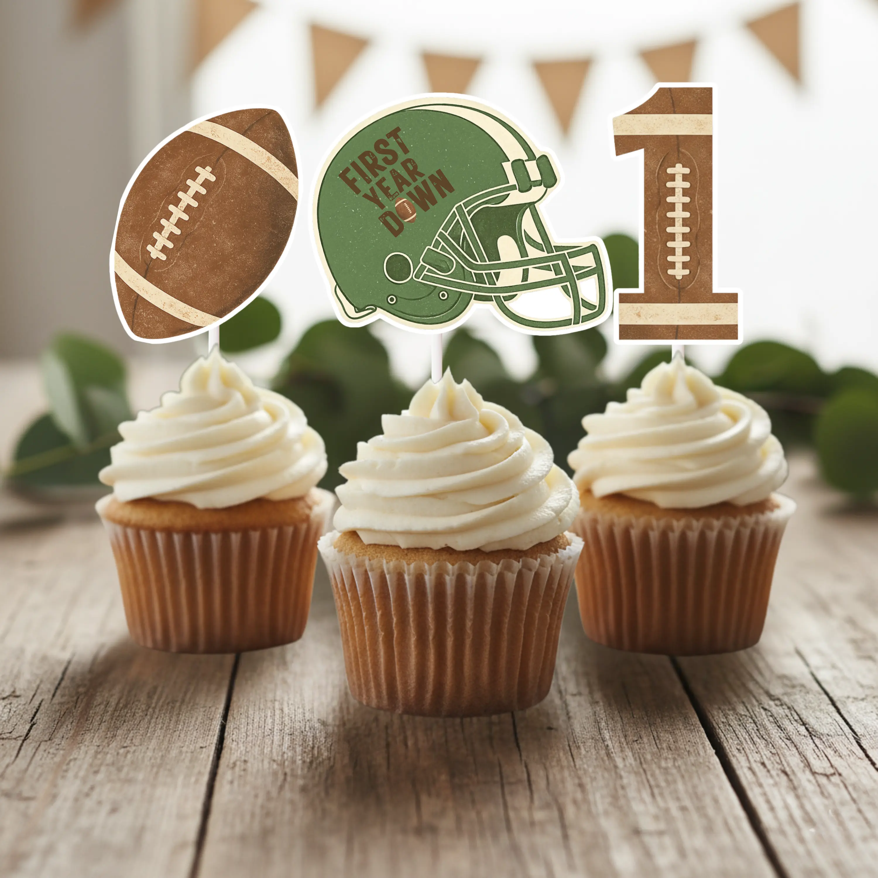 Football Cupcake Topper Set – FIRST YEAR DOWN Birthday Party Decor