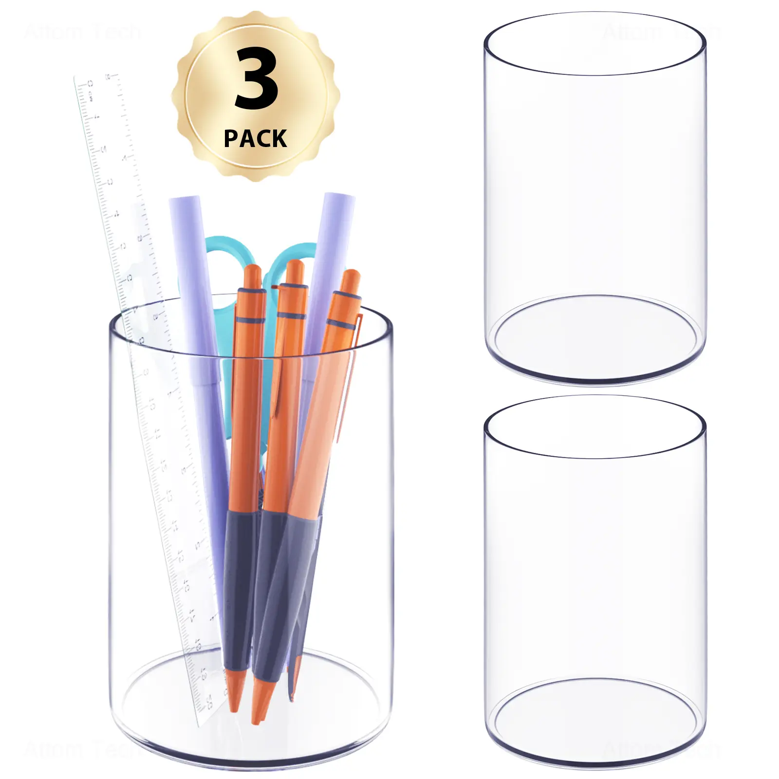 Stylish Clear Acrylic Desk Organizer Pen and Pencil Holders Set of 3, Round Makeup Brush Storage Perfect for Home, School and Office  supplies