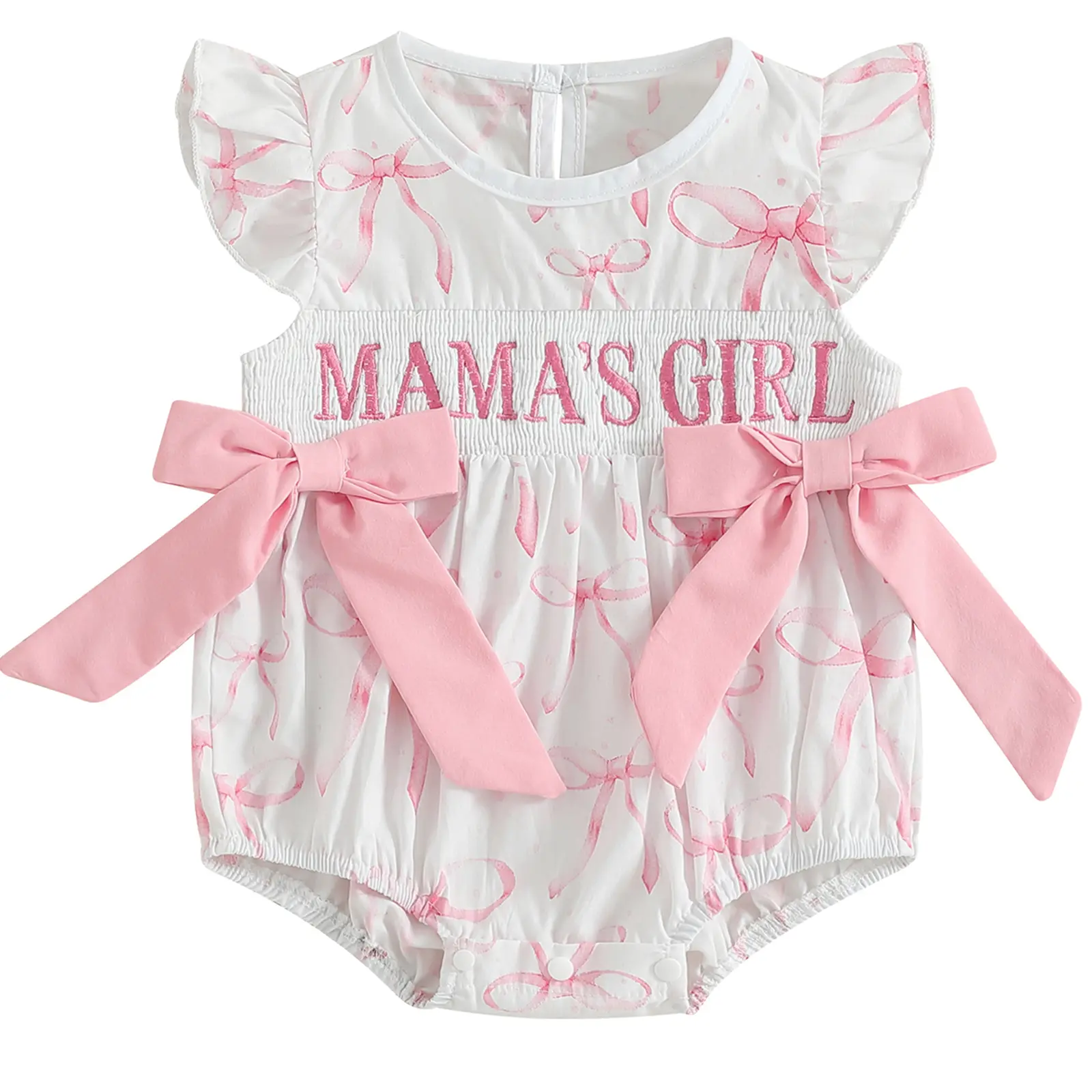 Mamas Girl Baby Girl Outfit Newborn Smocked Romper Bow Print Ruffle Sleeveless Bodysuit Headband Summer Mother's Day Clothes