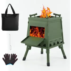 Portable Wood Burning Stove Lightweight Cast Iron Camp Stove for Backpacking, Portable Easy-To-Assemble Camping Backpacking Stove Kit (Green, Small)