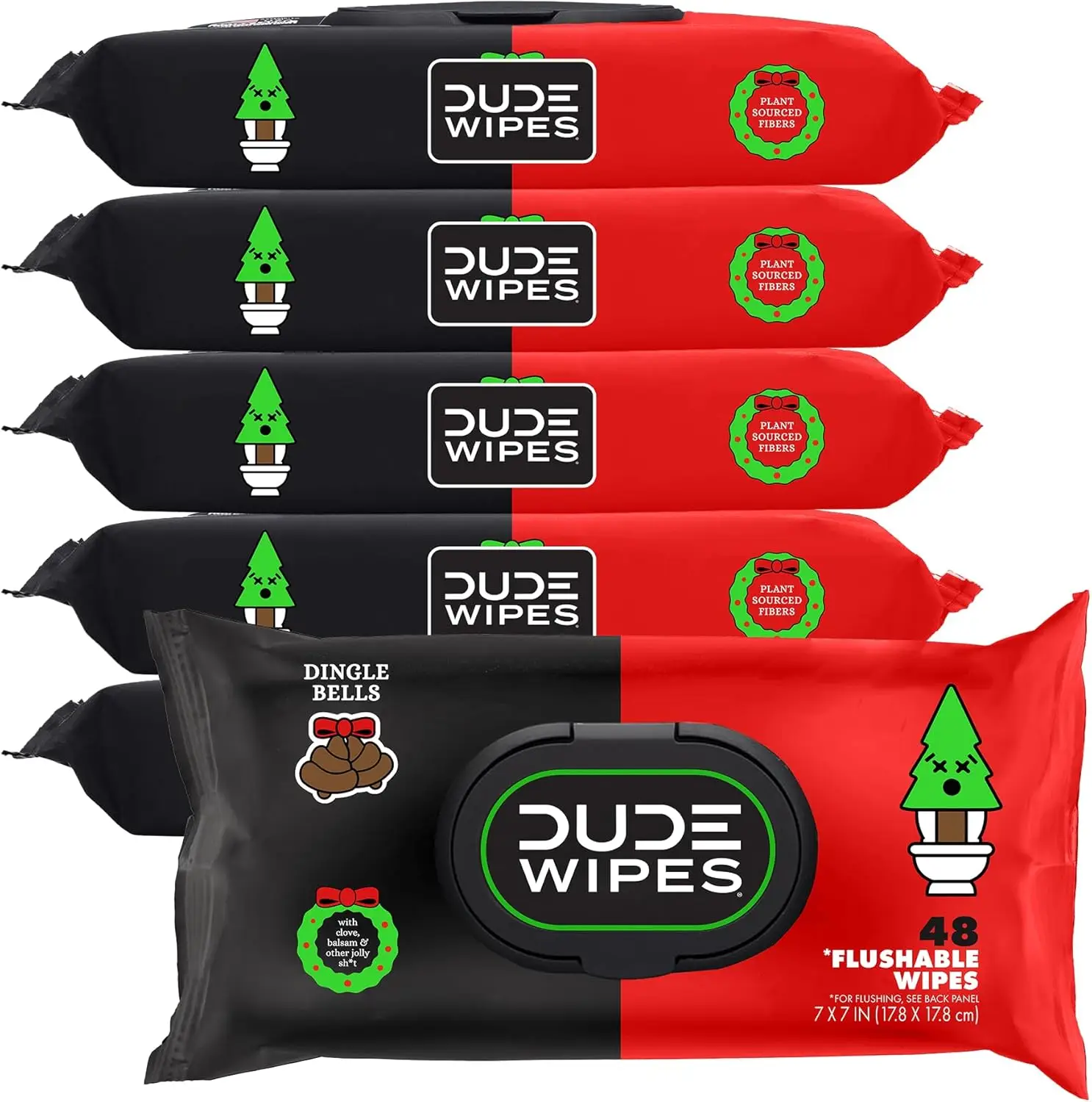 DUDE Wipes - Flushable Wipes for Adults - 6 Pack, 288 Wipes - Dingle Bells Extra Large with Crisp Pine, Balsam, and Other Jolly Scents