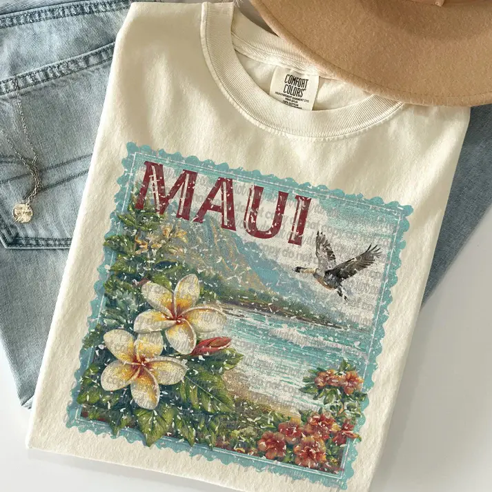 Comfort Colors Maui Postage Stamp T-Shirt, Vintage Maui Hawaii Graphic Tee, Retro Island Travel Souvenir Shirt, Tropical Beach Vacation Tee, Hawaiian Coastal Gift for Men Women