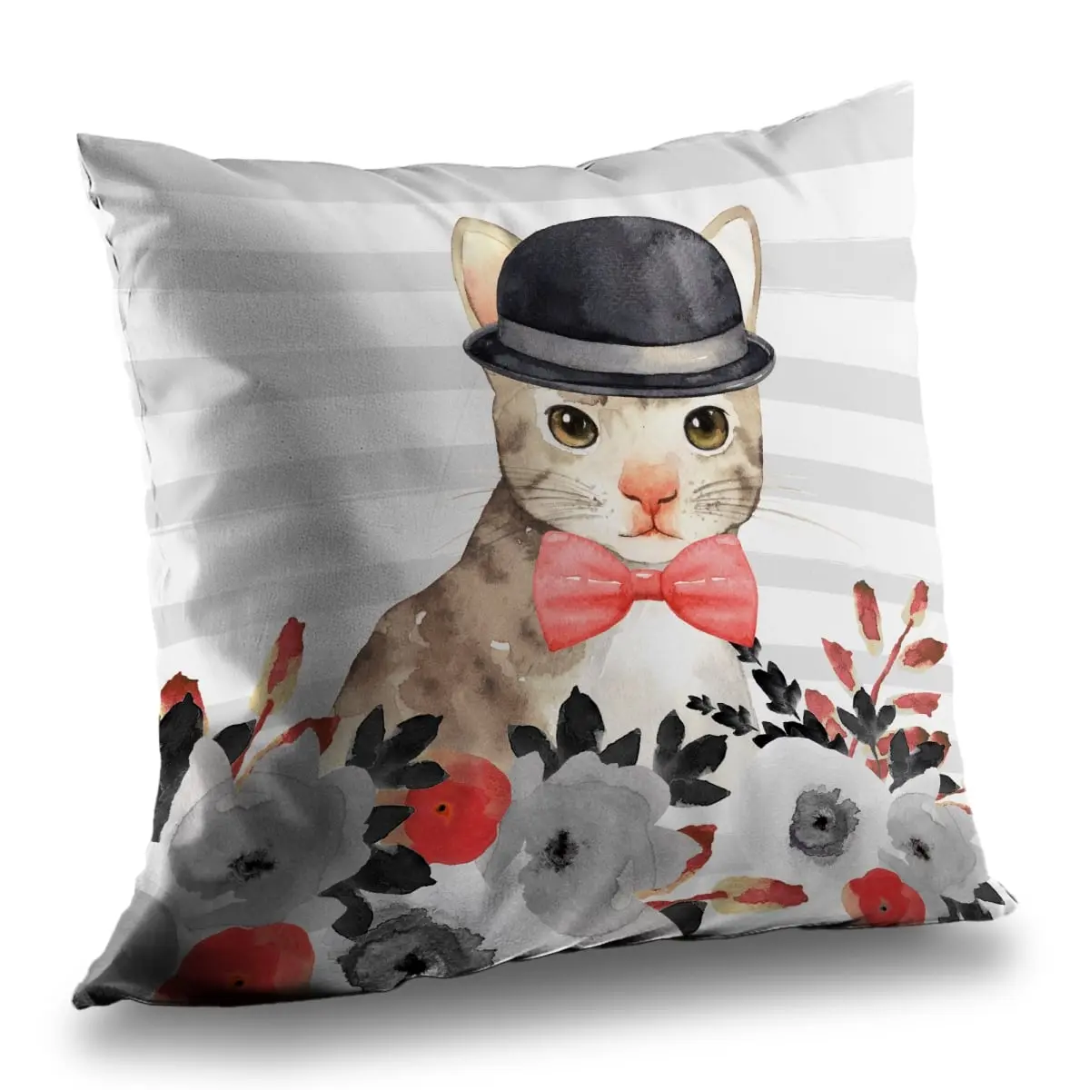360 Stand Gray Poly Twill Weave Throw Pillow - 14x14 in Soft Cushion, Playful Look Cat Detective Design for Home Decor, Whimsical, Style, Comfy Cushions, Decorative Cushion Cover