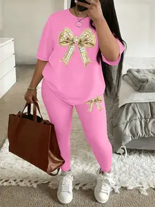 Printed pattern Women's Tee & Skinny Pants Two-Piece Set, Casual Fashion Cozy Fitted Round Neck Short Sleeve T-Shirt & Trousers for Daily Outdoor Wear, Ladies Summer Clothes, Spring