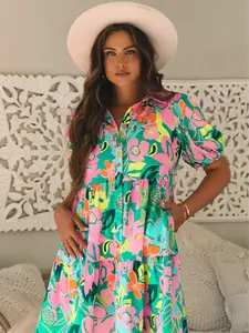 Women's 100% Polyester Green Floral Print Collared Babydoll Short Sleeve Dress - Puff Sleeves, Buttoned, Elegant Casual Chic, Spring Summer Outdoor Wear