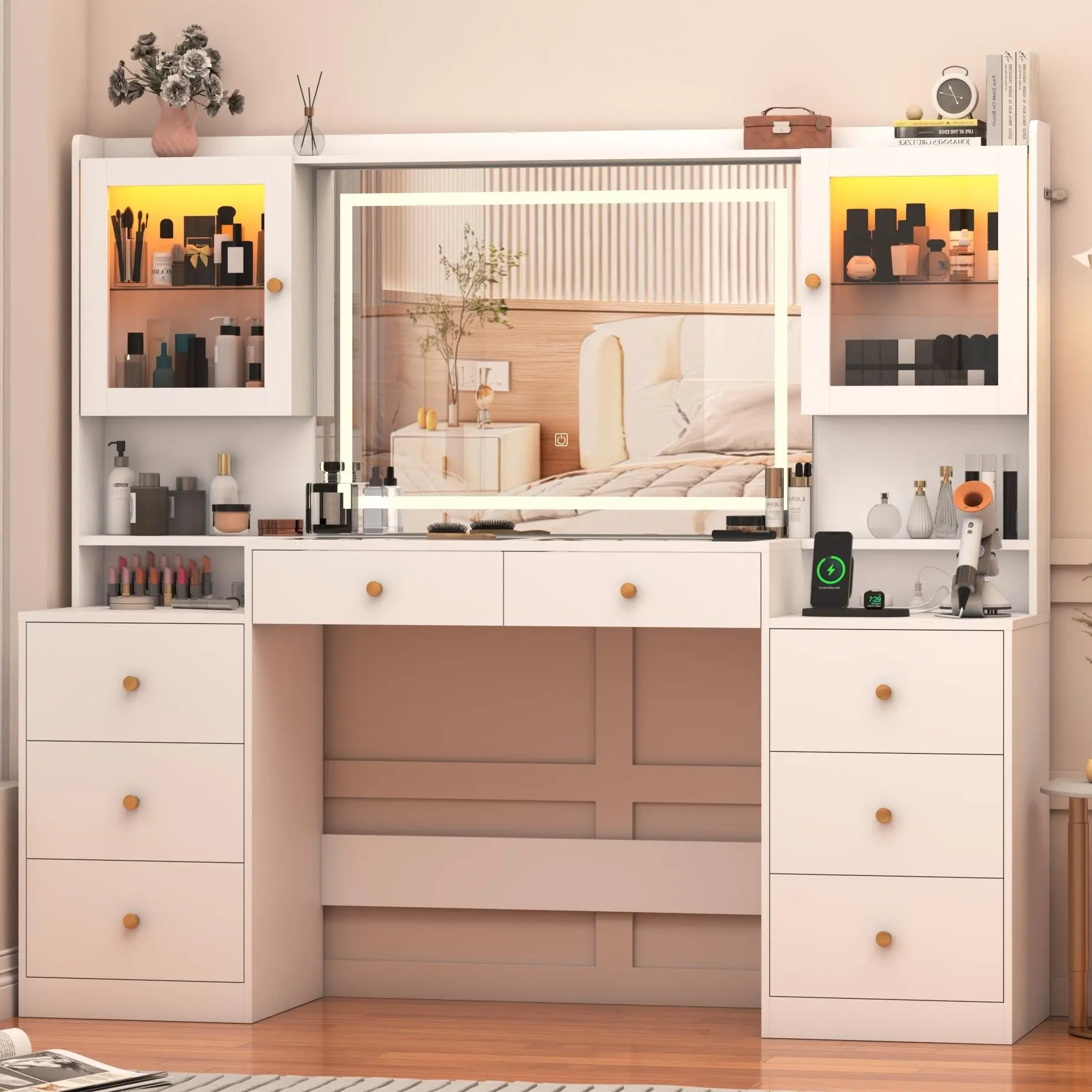 62" Large Vanity Desk w/ Tempered Glass Top,60000-color LED Lights,Power Outlet, Make up Vanity w/ 3 Lights Mode LED Mirror,2 RGB Cabinet LED Vanity Table for Women,Girls (White/Black)