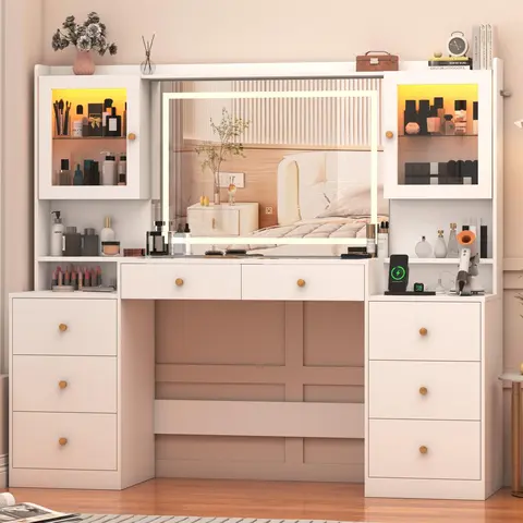 62" Large Vanity Desk w/ Tempered Glass Top,60000-color LED Lights,Power Outlet, Make up Vanity w/ 3 Lights Mode LED Mirror,2 RGB Cabinet LED Vanity Table for Women,Girls (White/Black)