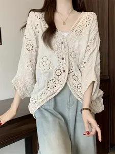 Women's Fashion Embroidered Thin Sun Protection Cardigan Top, Batwing Sleeve Casual Loose Fit, All Seasons Plain Style
