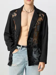 INCERUN Men's Fashion Elegant Transparent Patchwork Lace Long Sleeve Work Office Suit Jacket, Stylish and Comfortable,  Perfect for Daily Wear