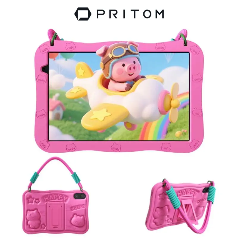 [Stock Up] PRITOM Kids Tablet 10 inch Android 16 8GB RAM 32GB ROM Dual Cameras WiFi6 6000mAh Battery Protective Silicone Case Animal Flash Cards Educational Apps Toddler Gifts Stress Relief Case Pink/Blue Best Kids Gift