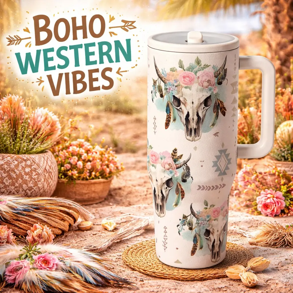 1 Pc 40oz insulated mug, boho mug, double wall vacuum tumbler, Leakproof Insulated Tumbler, leak-proof lid with handle, large capacity for hot cold drinks, keeps hot 12h cold 24h, stainless steel skinny tumbler, gift for women, boho style, Drinkware
