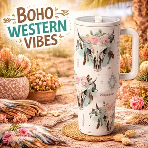 1 Pc 40oz insulated mug, boho mug, double wall vacuum tumbler, leak-proof lid with handle, large capacity for hot cold drinks, keeps hot 12h cold 24h, stainless steel skinny tumbler, gift for women, boho style, Drinkware
