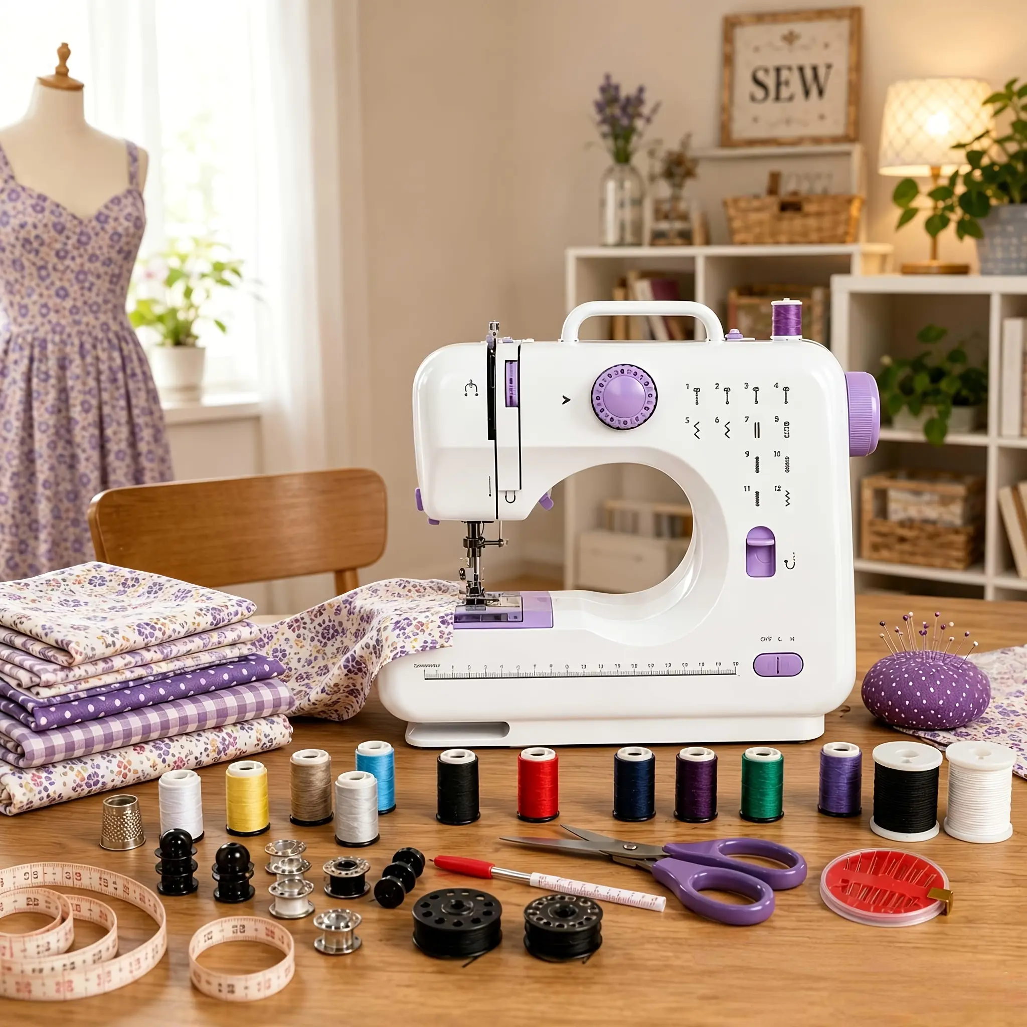 Portable Sewing Machine for Beginners 12 Stitches LED Light Double Speed Foot Pedal Mini Electric Sewing Machine with 12 Colors Thread Set Household DIY Handheld Sewing Tool
