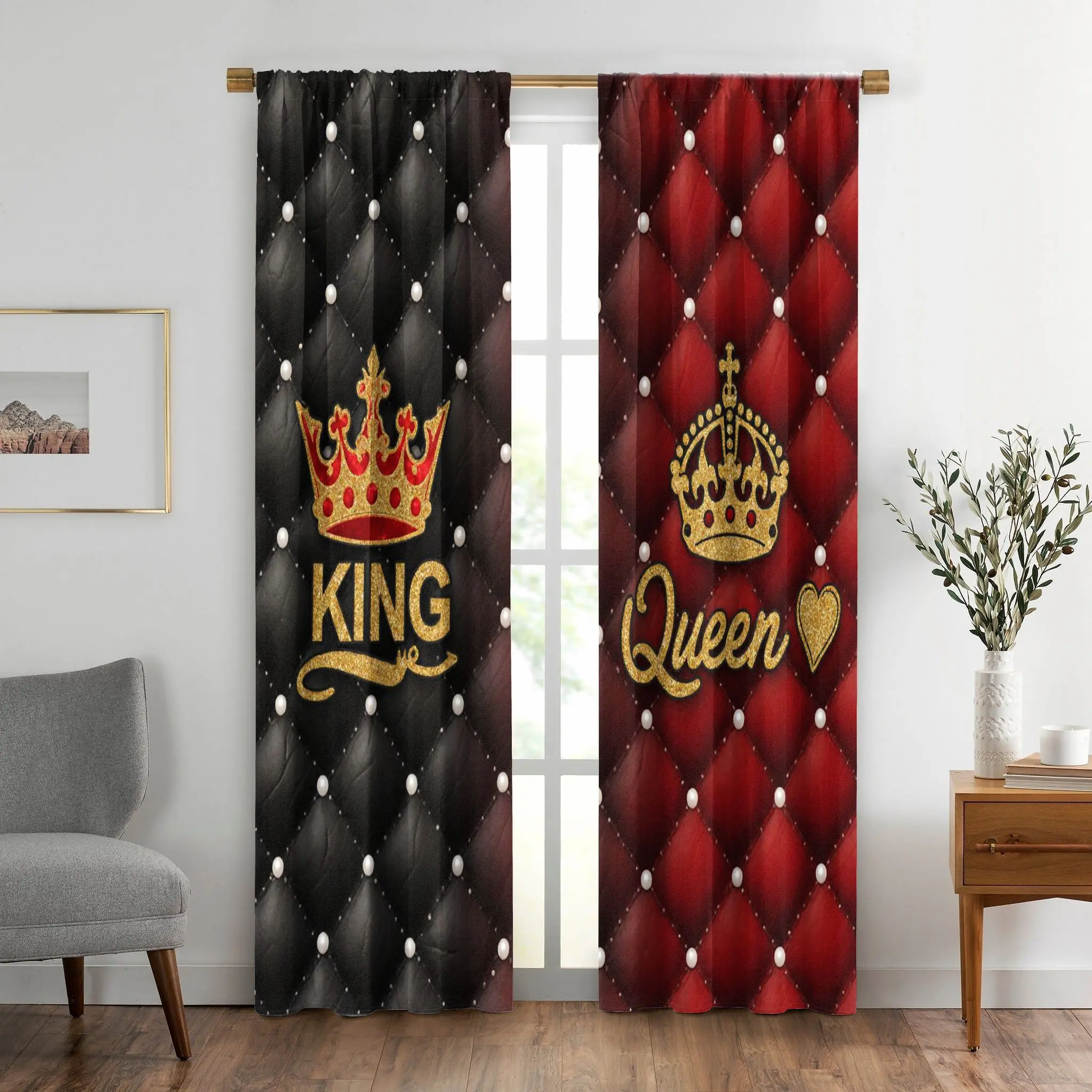 Decorative 2-Piece King-Queen 2D Quilted Leather Texture Black Curtains Set - 2mx2m Polyester, Regal Luxury, Bold Pattern, Ornate Crowns, Pearl-Button Grid, Gold Glitter Text Heart Accent, Decorative Border, Light Filtering Drapes for Bedroom, House Decor