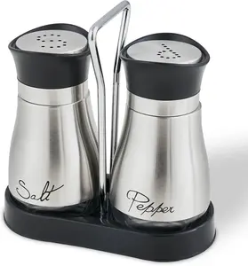 Salt and Pepper Shaker Set – 2-piece set, with stand, made of stainless steel and clear glass, with a twist-open lid with lettering, for kitchen and table decoration