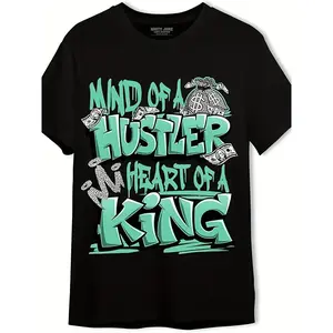 Plus-Size Men's Clothing MIND OF A HUSTLER HEART OF A KING Black T-Shirt - Bold Green Graffiti Style Print, Urban Streetwear Design with Dollar Bill and Money Bag Illustrations - Trendy Casual Tee for Hustlers and Kings