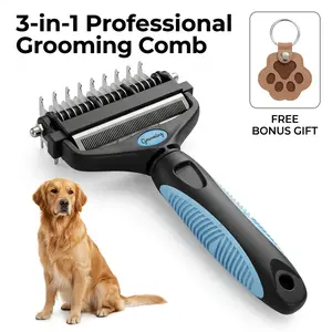 Professional Pet Essential Grooming Supplies, 3 In 1 Double-Sided Undercoat Rake Dog Shedding Fur Brush, One-Click Clean Undercoat Deshedder Comb,  Detangling Dog & Cat Brush, Stainless Steel Double-Sided Design Removes Loose Fur & Matted Hair