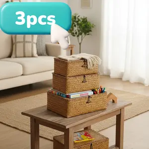 Handwoven Seagrass Storage Box with Lid (3pcs) - Natural Seagrass Weave + Black Buckle Flat Lid | Versatile Storage for Cosmetics and Sundries, Suitable for Bathroom, Bedroom, Living Room, Dormitory, Desk and Drawers | Home Storage Basket | Makeu
