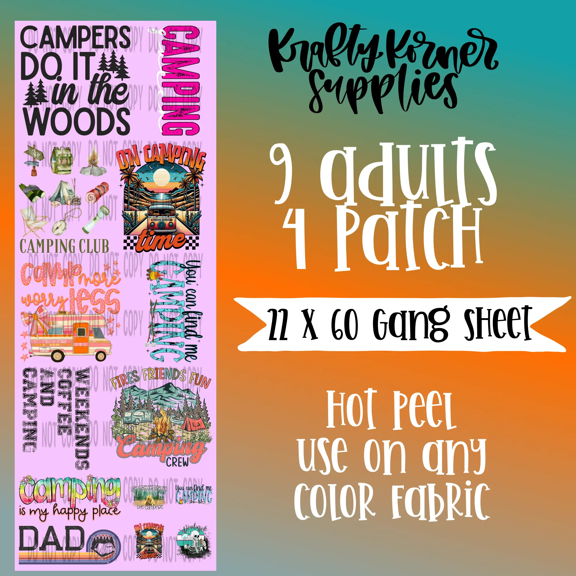 Camping DTF Transfer Gang Sheet, 22 x 60