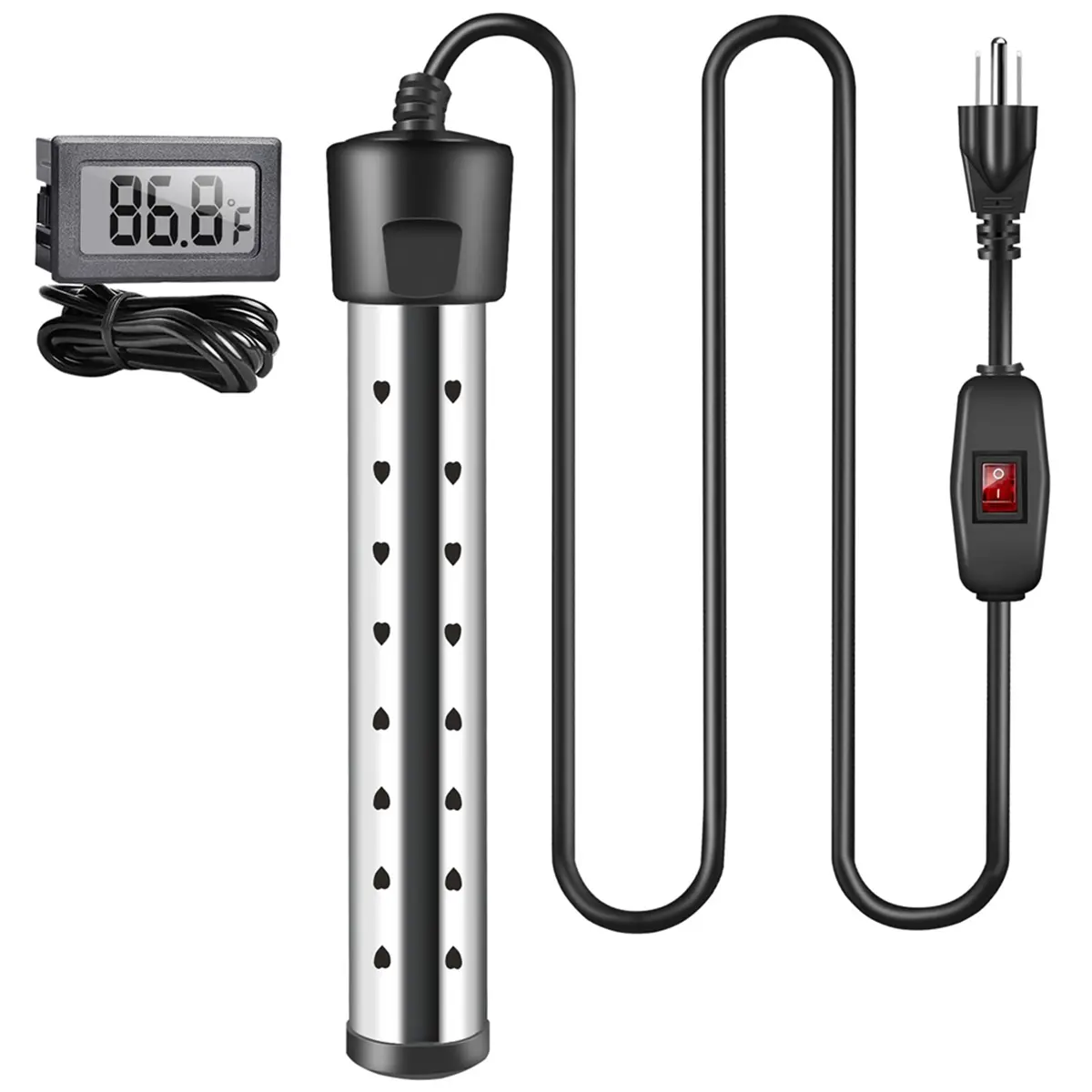 1500W Power Immersion Water Heater with Switch Control, Intelligent Temperature Control, Stainless Steel Build, Thermometer, Portable for Bathtubs, Pools, Buckets, US Plug (Bathtub Heating Function Included), Ul Grounded