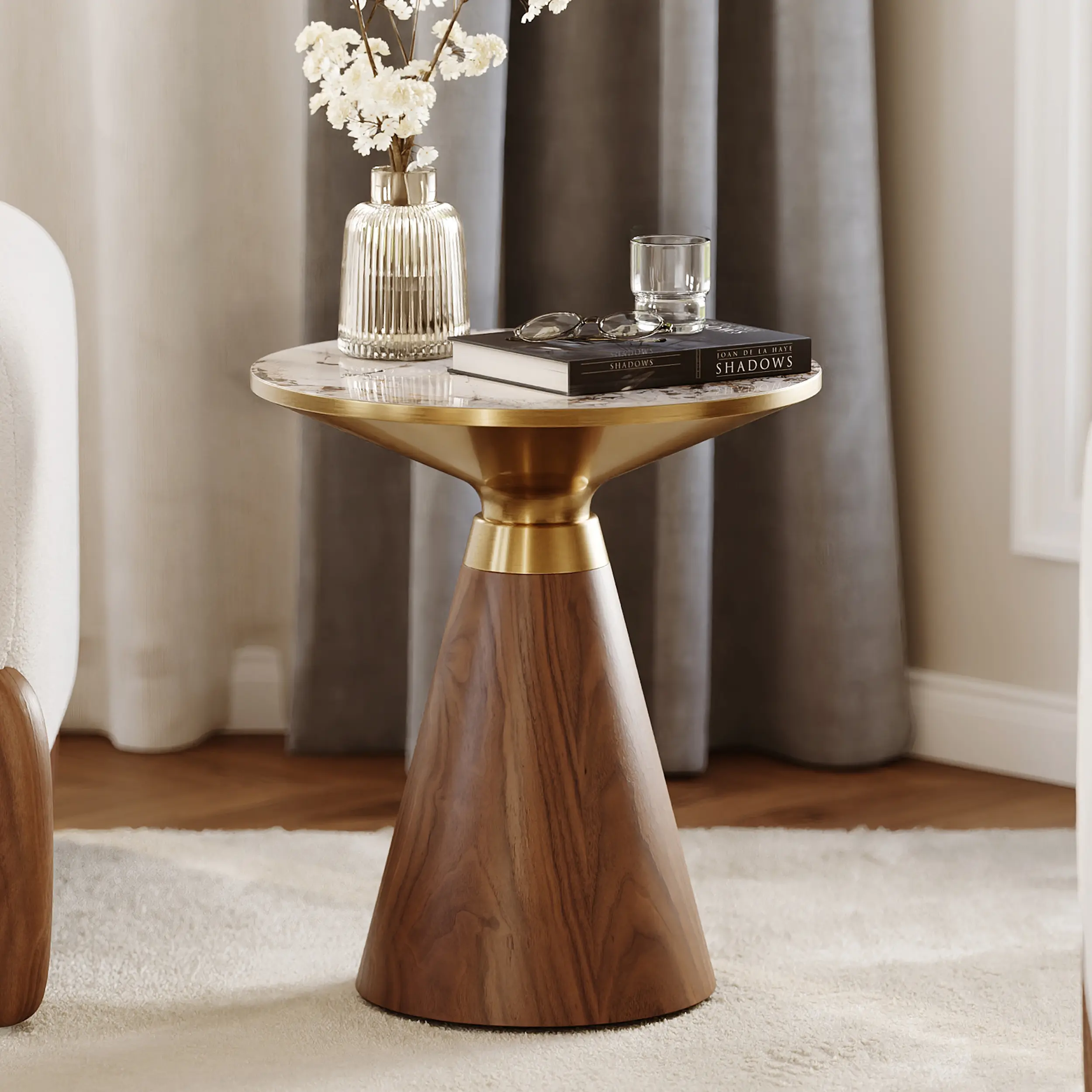 HOMARY Round Walnut Base End Table - Sintered Stone Top, Sturdy and Stylish Surface Contemporary Side Table for Bedrooms, Living Rooms