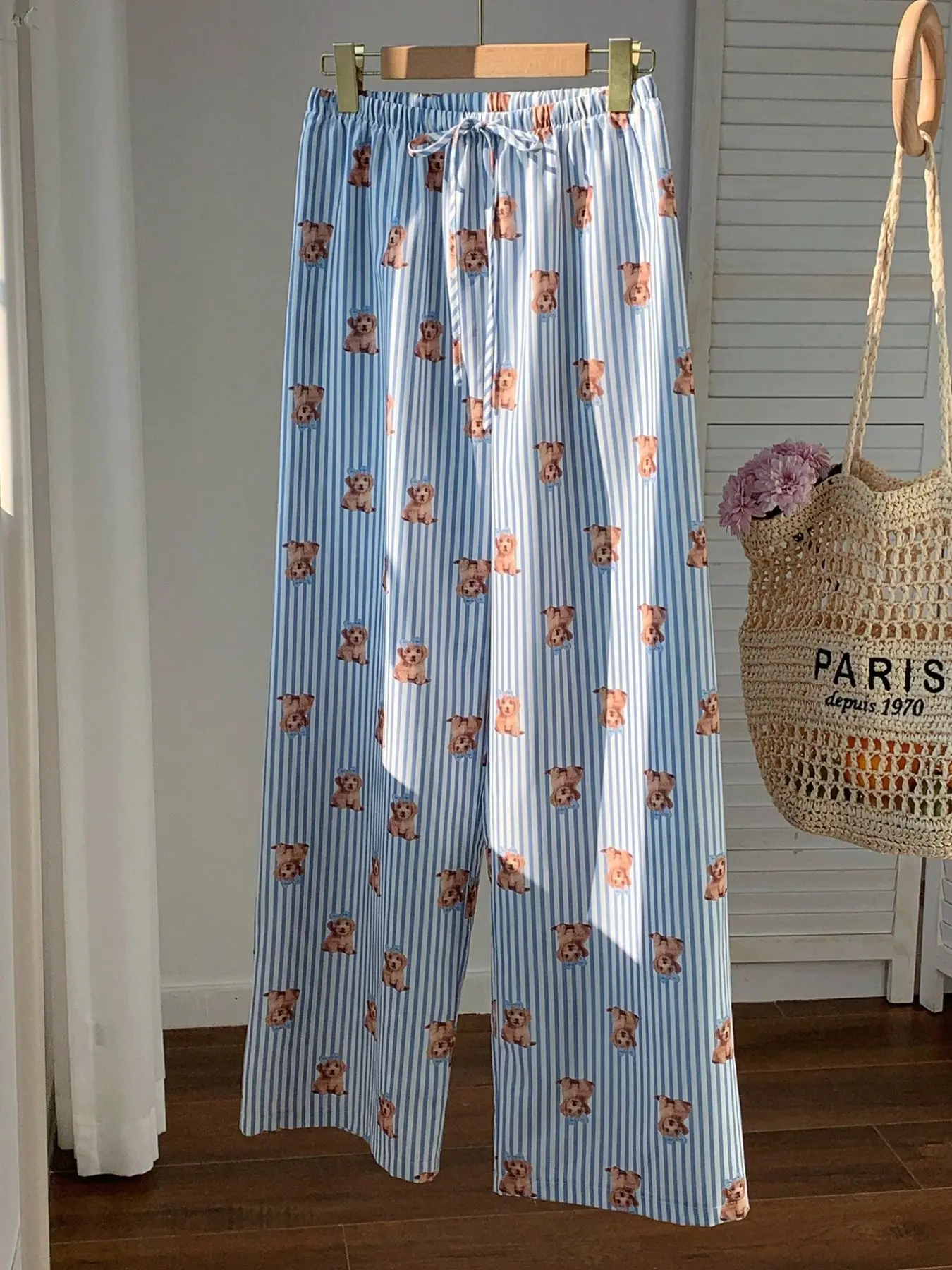 2026 Summer Blue Striped Cute Puppy Print Wide Leg Pants for Women, Elastic Waist, Loose Fit, Casual Home Wear, Long Regular Length