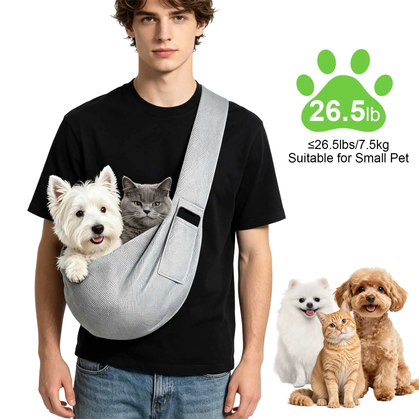 Breathable Pet Sling Carrier - Bonding Comfort Cats & Dogs Sling Carrier Bag,Hands-Free Soft Crossbody Travel Bag with Phone Pocket,Ideal for Home & Travel