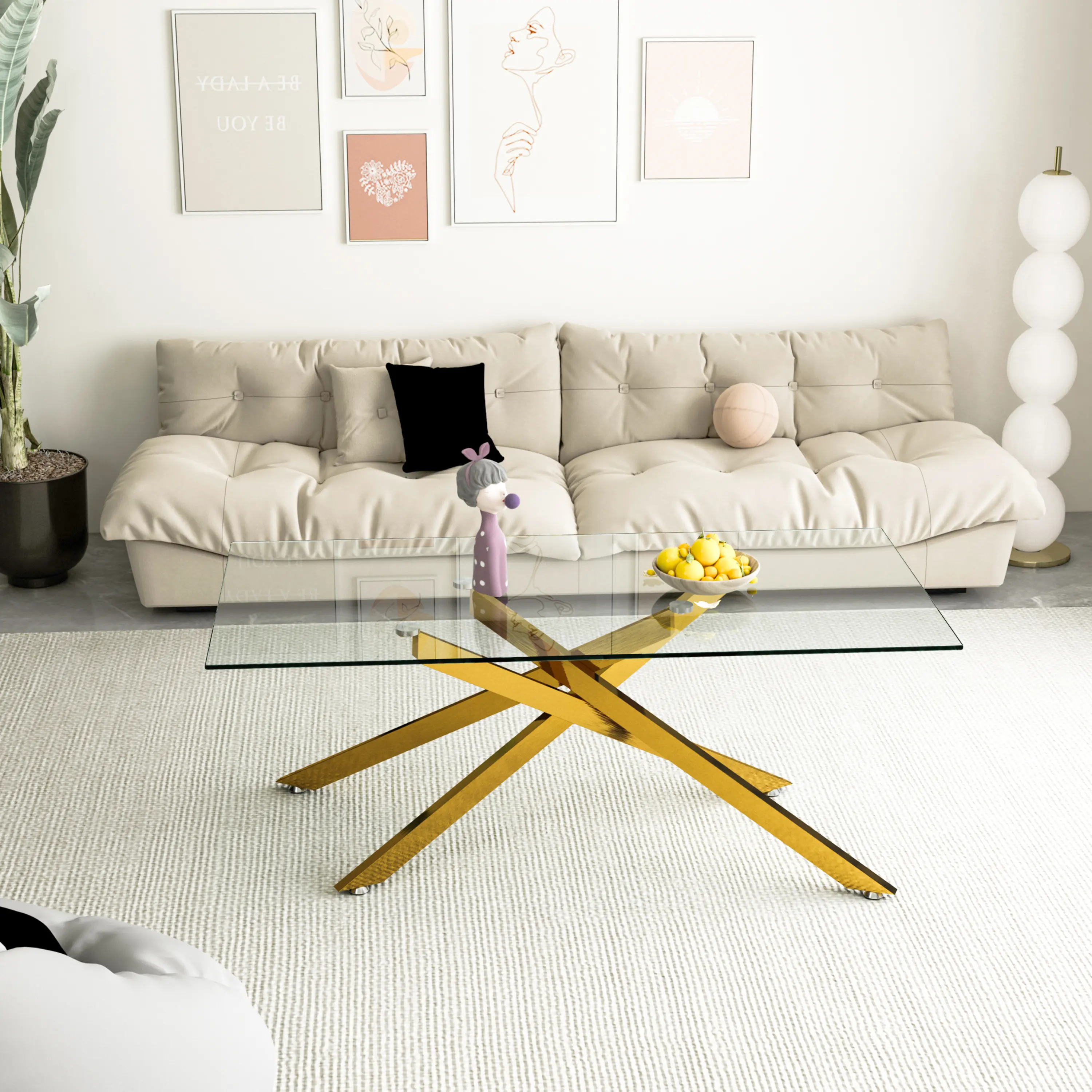 47.2" Rectangular Clear Tempered Glass Coffee Table - Stylish Living Room Furniture with Golden Metal Legs