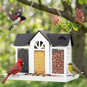 PAWGIANT Bird Feeder House for Outside, 10" × 8" × 7", Hanging Metal Mesh Wild Bird Feeder with Triple Feeders for Finch Cardinal Chickadee Large Capacity, Weatherproof and Durable, Garden Decor for Outside, Unique Gifts for Bird Lovers, White