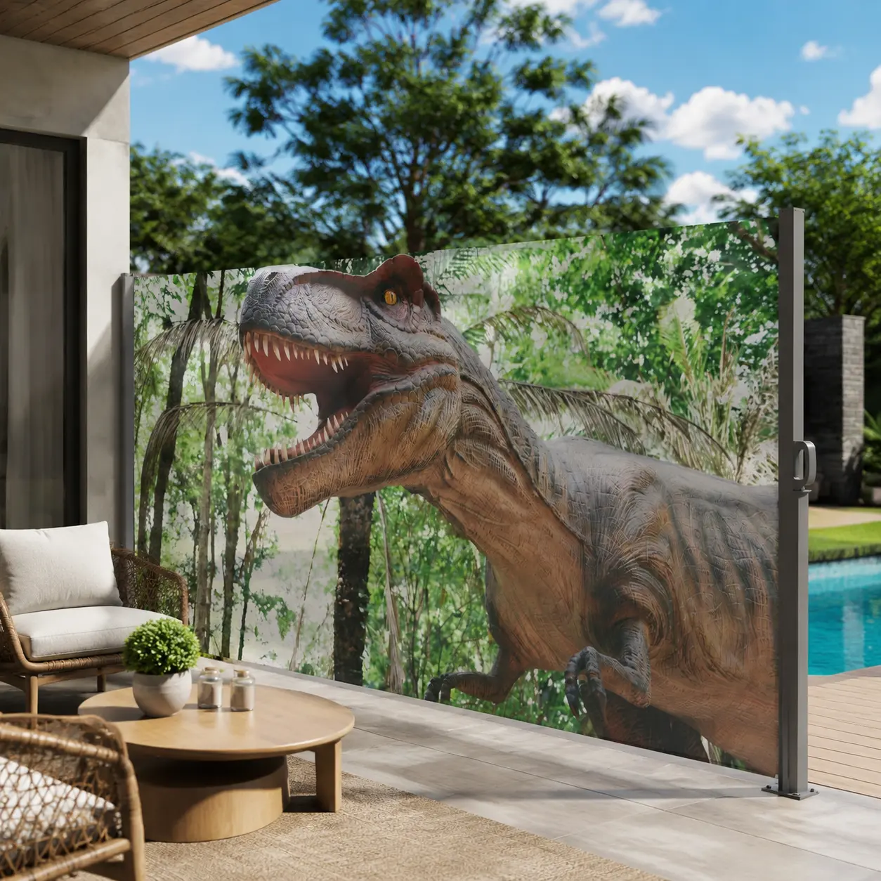 Littleox 71"x138" Retractable Side Awning Privacy Screen, UPF50+ UV Protection UV Printed Semi-Transparent Windproof Sun Shade Screen, Dust Wind Sun Block Outdoor Divider for Garden Balcony Swimming Pool