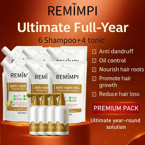 REMIMPI Hair Revival System – 12-Month Anti-Hair Loss & Regrowth Kit | Herbal Shampoo + Hair Tonic Set for Thicker, Fuller Hair | Ginseng, Polygonum & Jojoba Root Strengthening Formula (300ml + 50ml) Restore, Haircare, Anti Dandruff