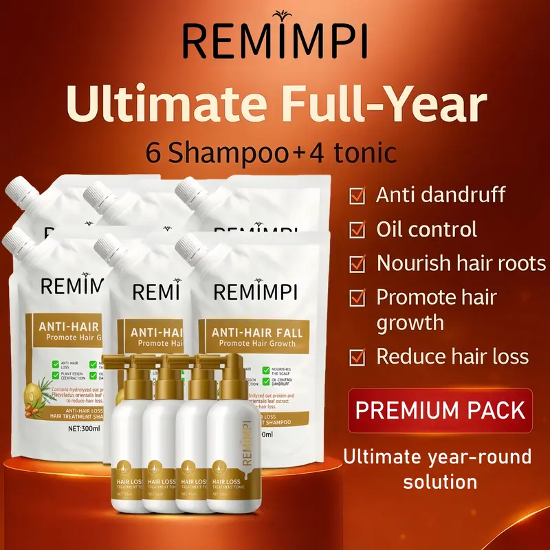 REMIMPI Hair Revival System – 12-Month Anti-Hair Loss & Regrowth Kit | Herbal Shampoo + Hair Tonic Set for Thicker, Fuller Hair | Ginseng, Polygonum & Jojoba Root Strengthening Formula (300ml + 50ml) Restore, Haircare, Anti Dandruff