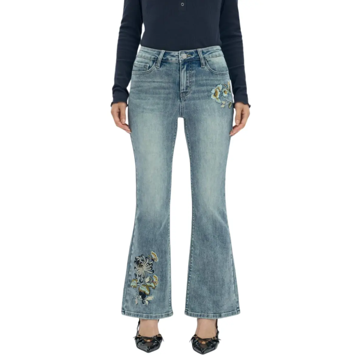 BlueMoment Lilyflutter Floral Embroidered Jeans for Women Mid Rise Retro High Stretch BBL Denim Flared Jeans Bottoms Womenswear
