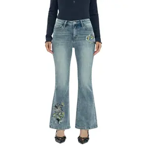 BlueMoment Lilyflutter Floral Embroidered Jeans for Women Mid Rise Retro High Stretch BBL Denim Flared Jeans Bottoms Womenswear