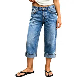 Flamingals Wash Button Tab Roll Hem Mid Waist Straight Leg Capri Jeans Womenswear Stretchy 20.5" Inseam