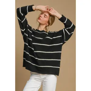Umgee Wool Blend Striped Round Neck Sweater