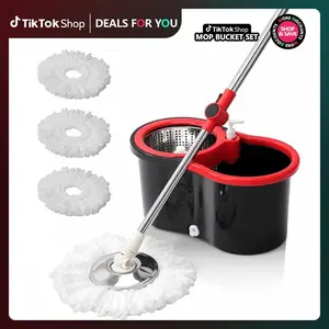 Mop Bucket Set with 360° Spin Mop and Bucket System 3 Microfiber Heads 61In Adjustable Handle，Handle Efficient Cleaning Supplies