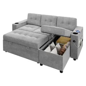 84 Inch Sleeper Sofa with Pull Out Bed and Charging Ports, Reversible Storage Chaise,2 Storage Armrests,Side Pocket and 2 Cup Holders,Velvet Fabric