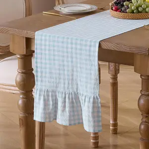 13" x 72" Plaid Gingham Ruffle Table Runner, Light Blue Cotton Checkered Table Runner for Farmhouse, Party, Kitchen Decor