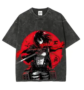 Men's Attack on Titan Round Neck Short Sleeve T-Shirt - Mikasa Ackerman Vintage Graphic, Acid Wash Red Sun Scout Regiment, Heavyweight Cotton Casual Simple Unisex Oversized Harajuku Streetwear Merchandise