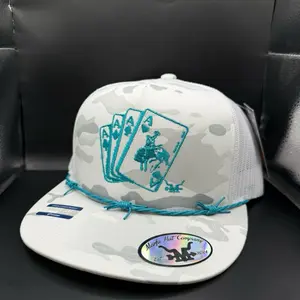 Alpine Gambler Camo Hat with Teal Poker Aces Design and teal Rope Detailing
