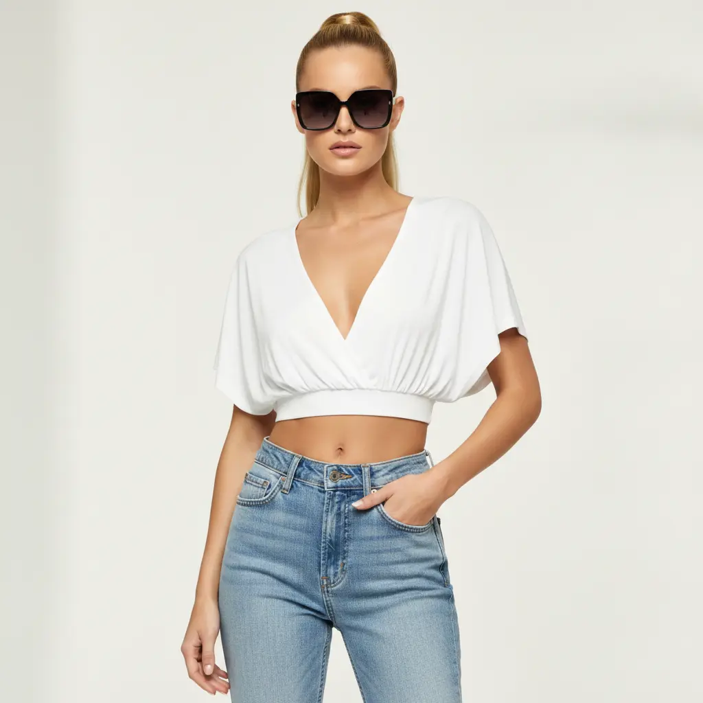 Women's Casual Wrap V Neck Batwing Sleeve Crop Top, Elastic Waist Solid Cropped Blouse