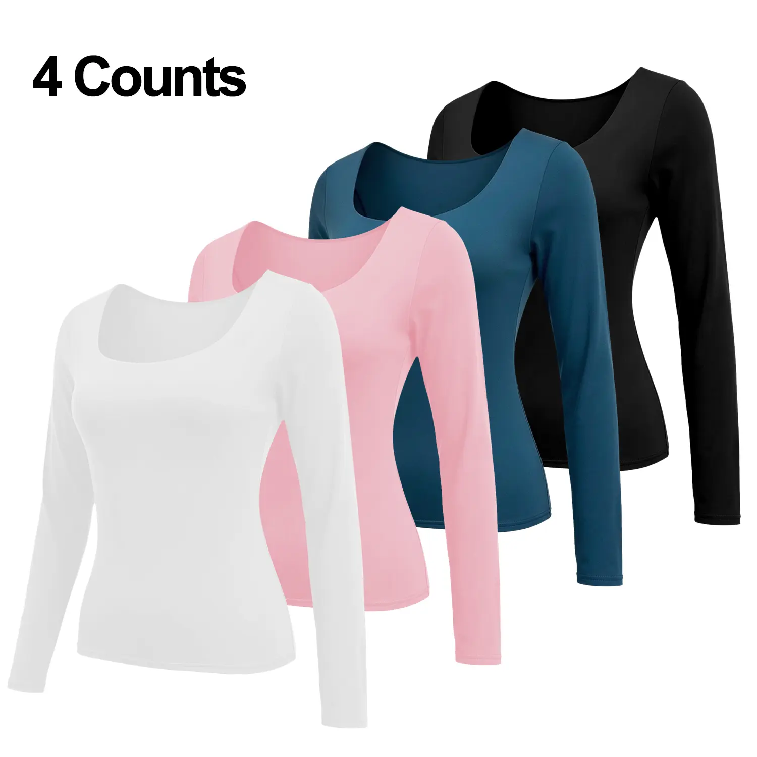 Cakulo Women's 4-Piece Minimalist Korean Solid Stretchy Long Sleeve Square Neck Polyester Crop Tees - Slim Flattering Fit, Soft Fabric, Matching Jacket Layer, Fall Underscrubs, Y2K Casual Streetwear, Basic Plain Style, Everyday Fits Blouses & Shirts