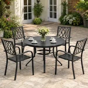 ARCH 5-Piece Outdoor Patio Dining Set 47" Round Wood-Grain Slat Table with Umbrella Hole 4 Stacking Metal Chairs 350 lbs Capacity Rustproof Breathable Design Easy Assembly for Garden Balcony Backyard Black, Black Color Options, Metal Material