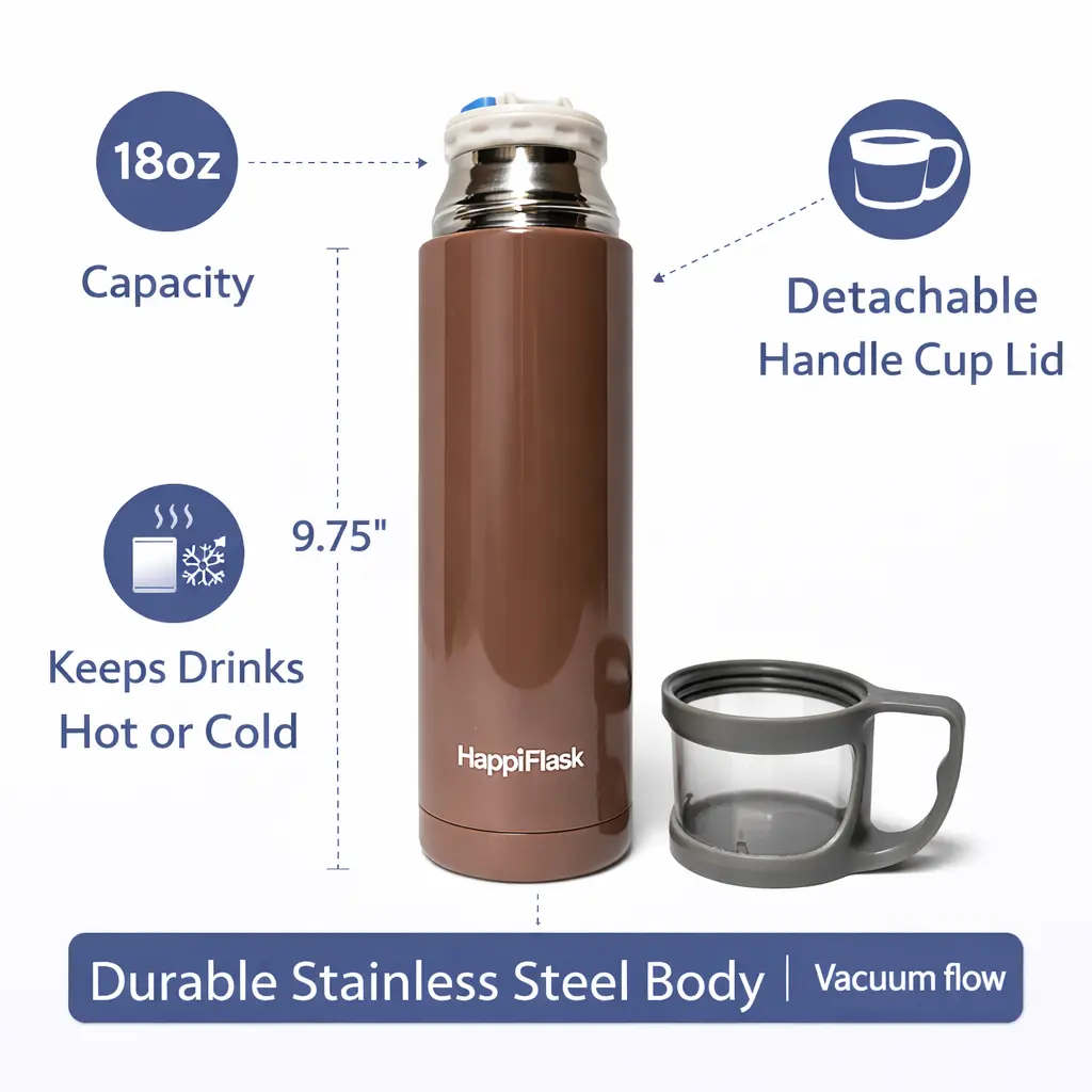 500ml Stainless Steel Vacuum Insulated Travel Flask, Leak-Proof Explosion-Proof Heat-Resistant Portable Water Bottle with Handle & Cup Lid, Modern Kitchenware Drinkware