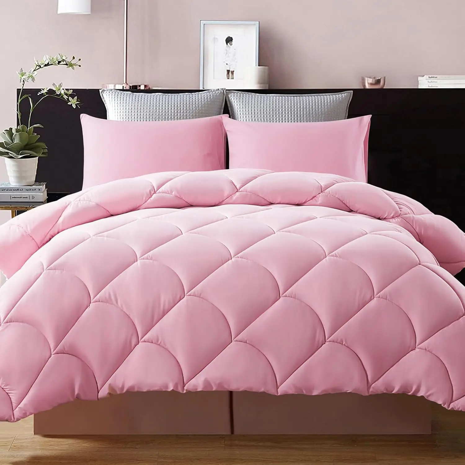 Lightweight Queen Comforter Set with 2 Pillow Sham - 3 Pieces Set - Quilted Down Alternative Comforter/Duvet Insert for All Season - Pink - Queen Size