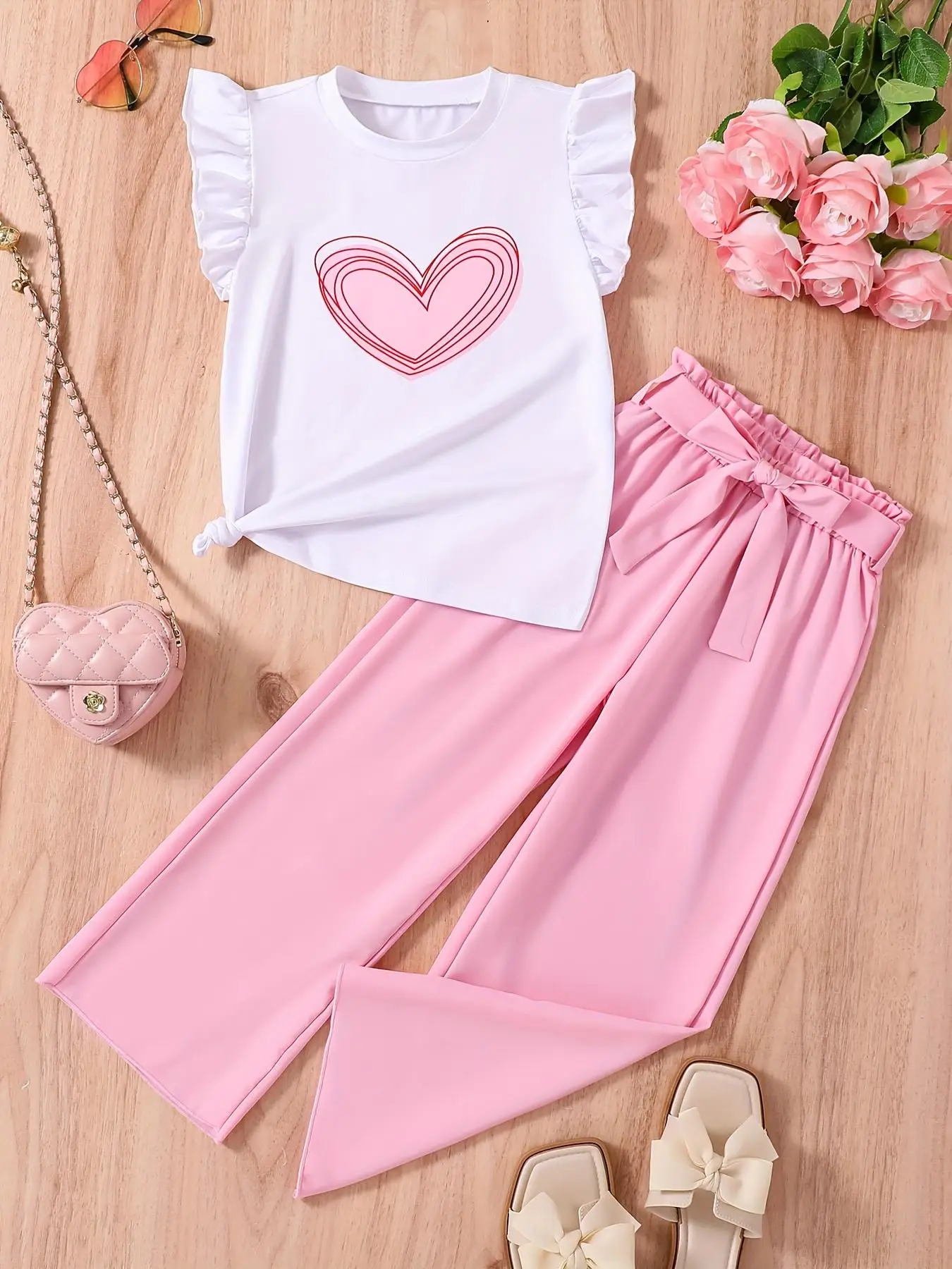 Toddler Girl's Heart Print Tee & Belted Pants Two-piece Set, Casual Round Neck T-shirt & Trousers for Summer, Kids Clothes for Daily Wear