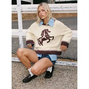 Rhianonn Horse Graphic Knit Sweater Cream / Brown