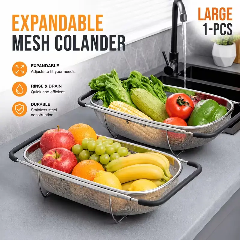 6-Qt Collapsible Stainless Steel Colander Strainer - Rectangular Fine Mesh Sieve with Expandable Rubber Handles, Kitchen Utensil for Home Kitchen Use, Utensils